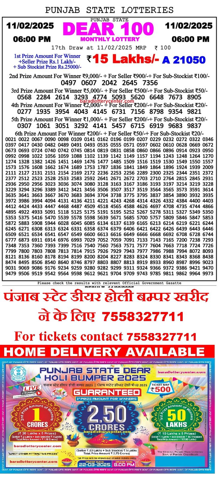 Punjab State Dear 100 Monthly Lottery Result Draw Date 11-2-25 6PM lottery result